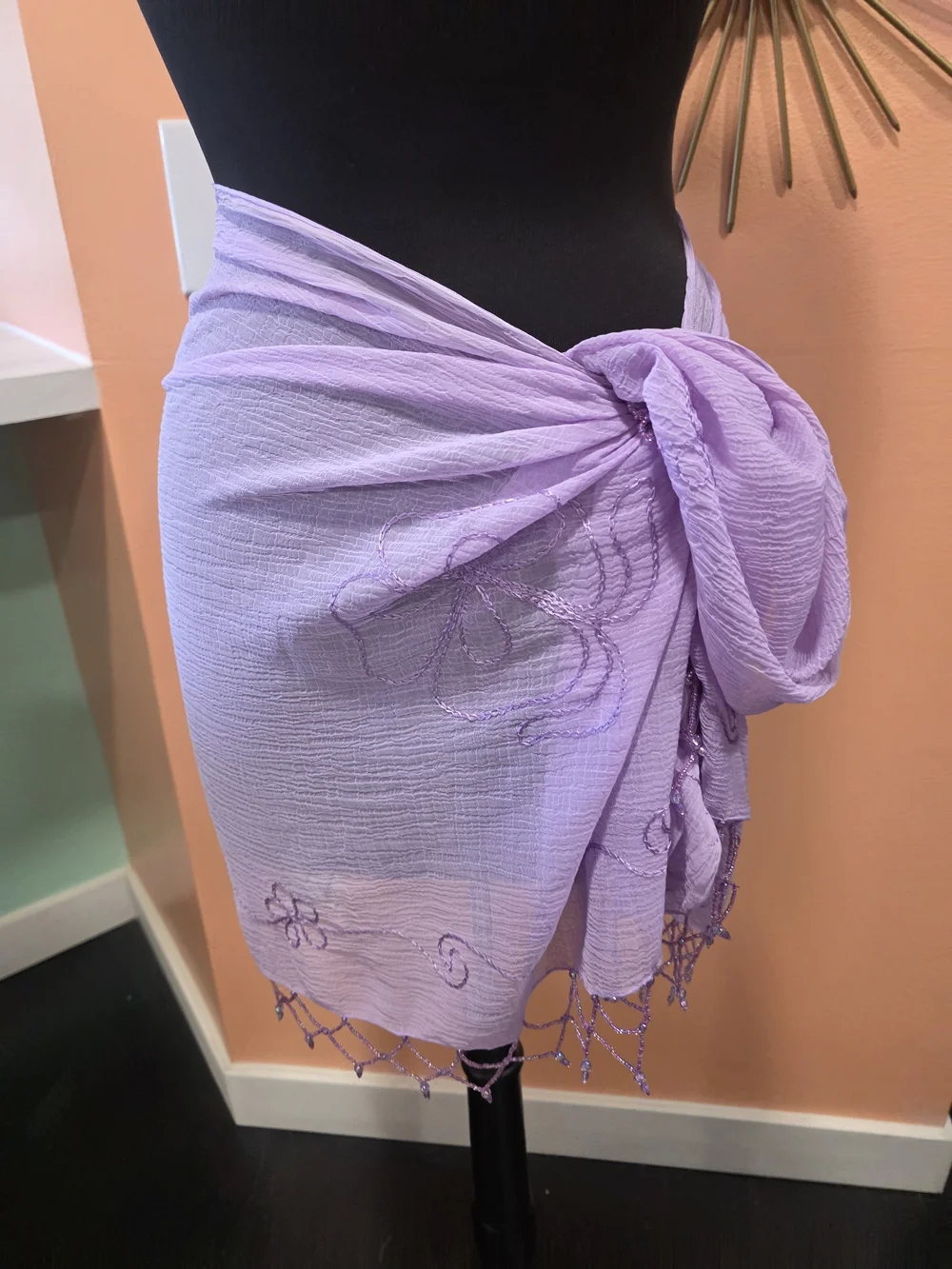Vintage Y2K Sheer Shawl Lavender Embroidered Wrap Scarf Beaded Fringe